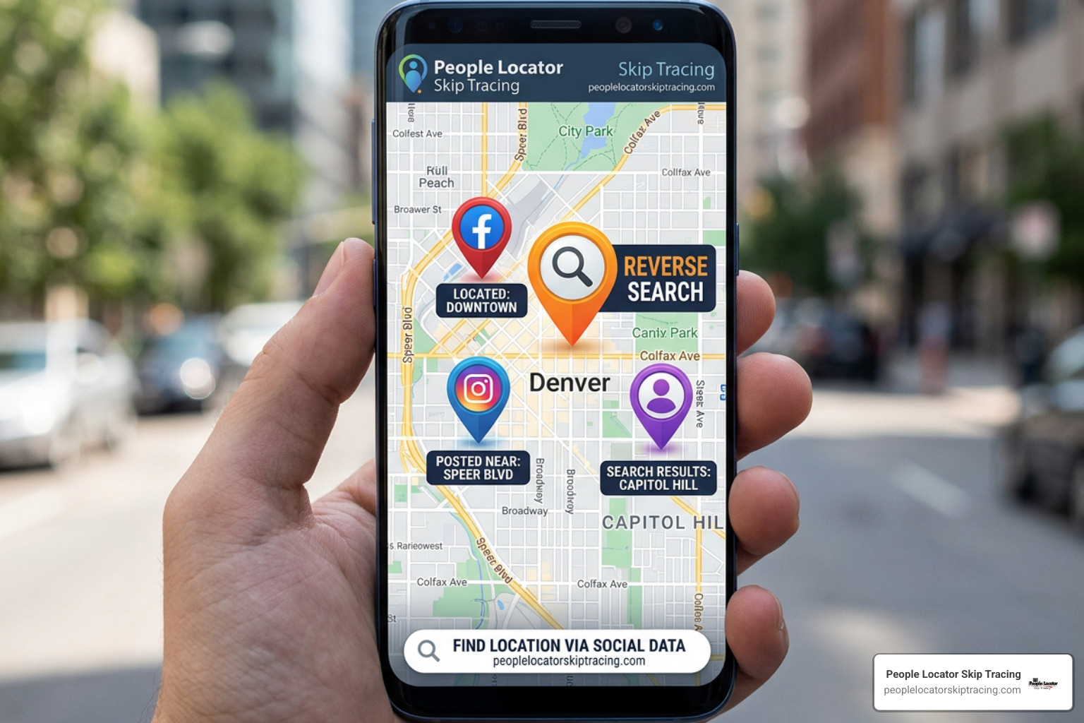 Social media icons displaying location tags and reverse search options