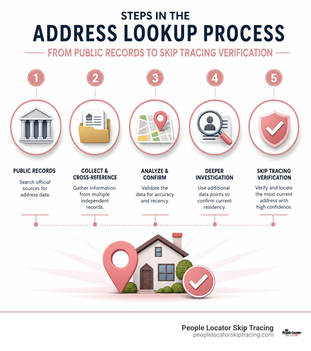 Steps in the address lookup process from public records to skip tracing verification infographic