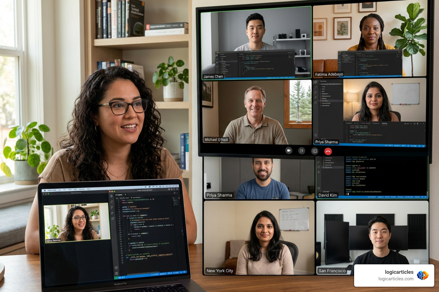 software development team collaborating remotely via video call and code editor