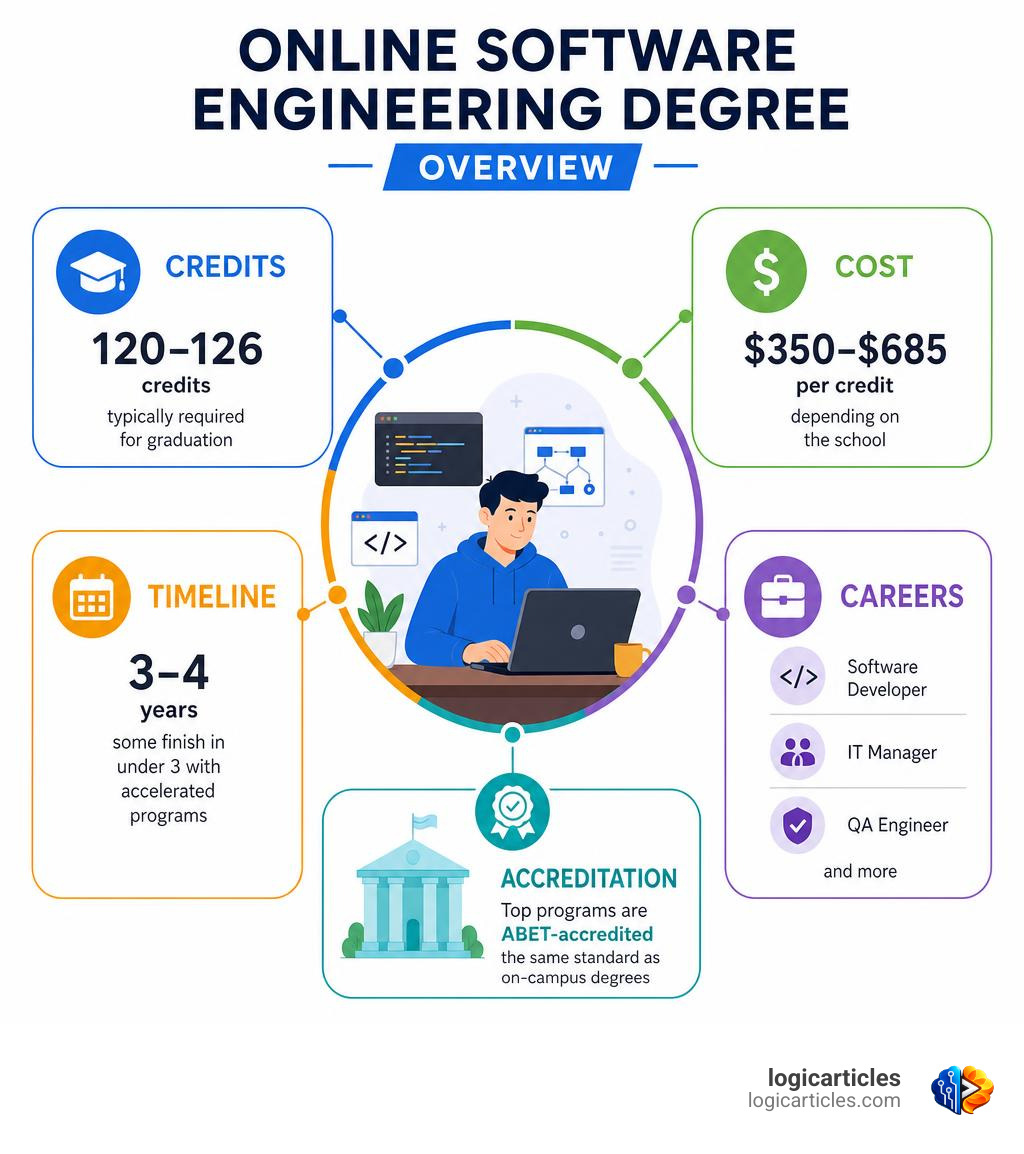 Online software engineering degree overview: credits, cost, timeline, careers, and accreditation infographic