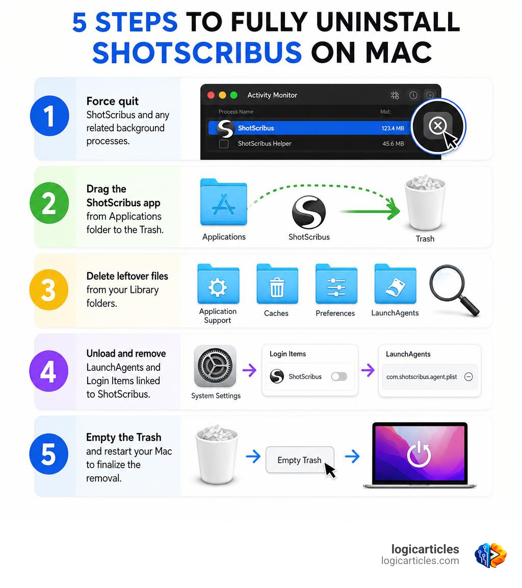 5-step infographic showing how to fully uninstall ShotScribus on Mac including Library cleanup infographic 5-step infographic showing how to fully uninstall ShotScribus on Mac including Library cleanup infographic