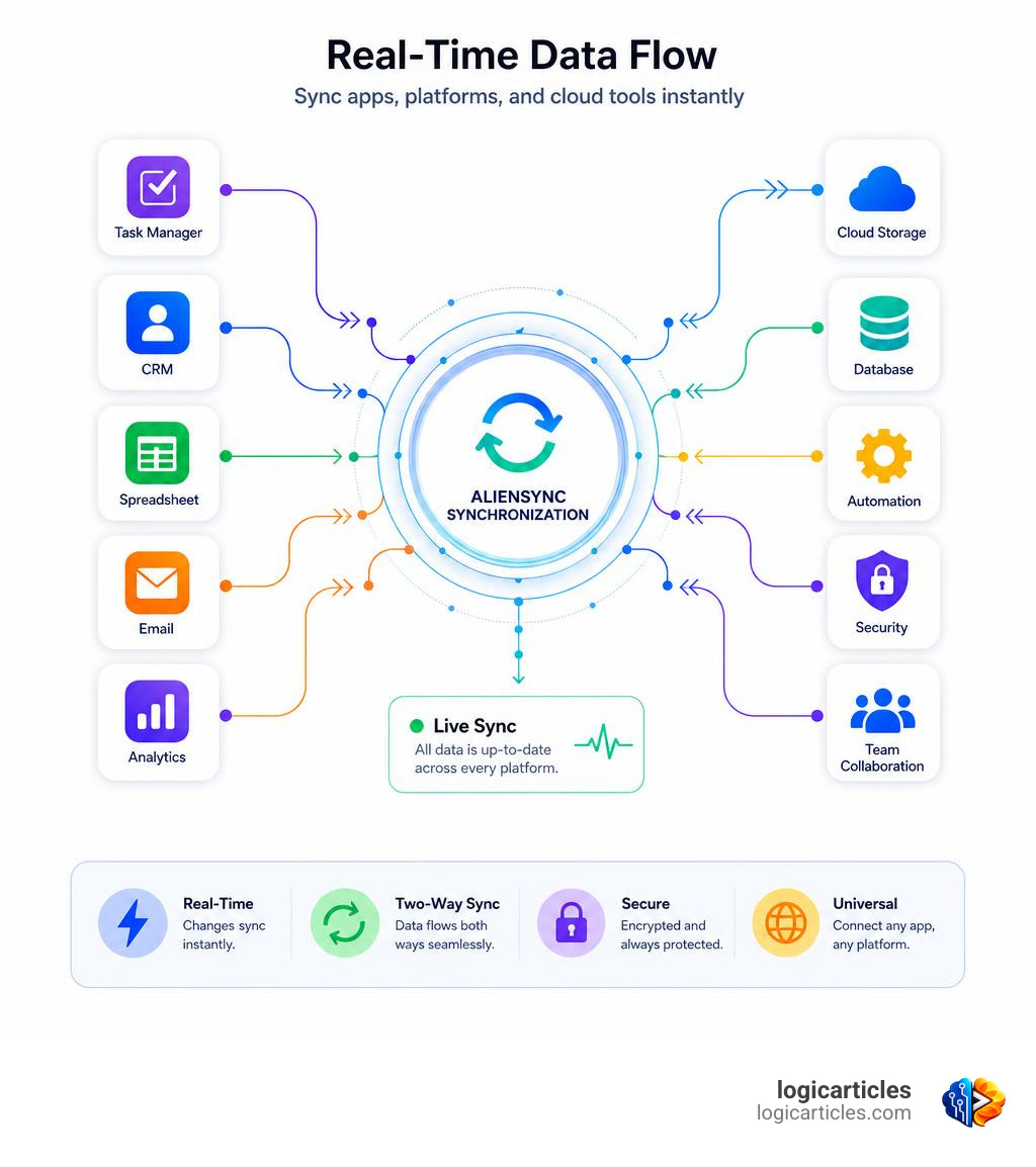 Infographic showing real-time data flow between apps, platforms, and cloud tools using AlienSync synchronization infographic Infographic showing real-time data flow between apps, platforms, and cloud tools using AlienSync synchronization infographic
