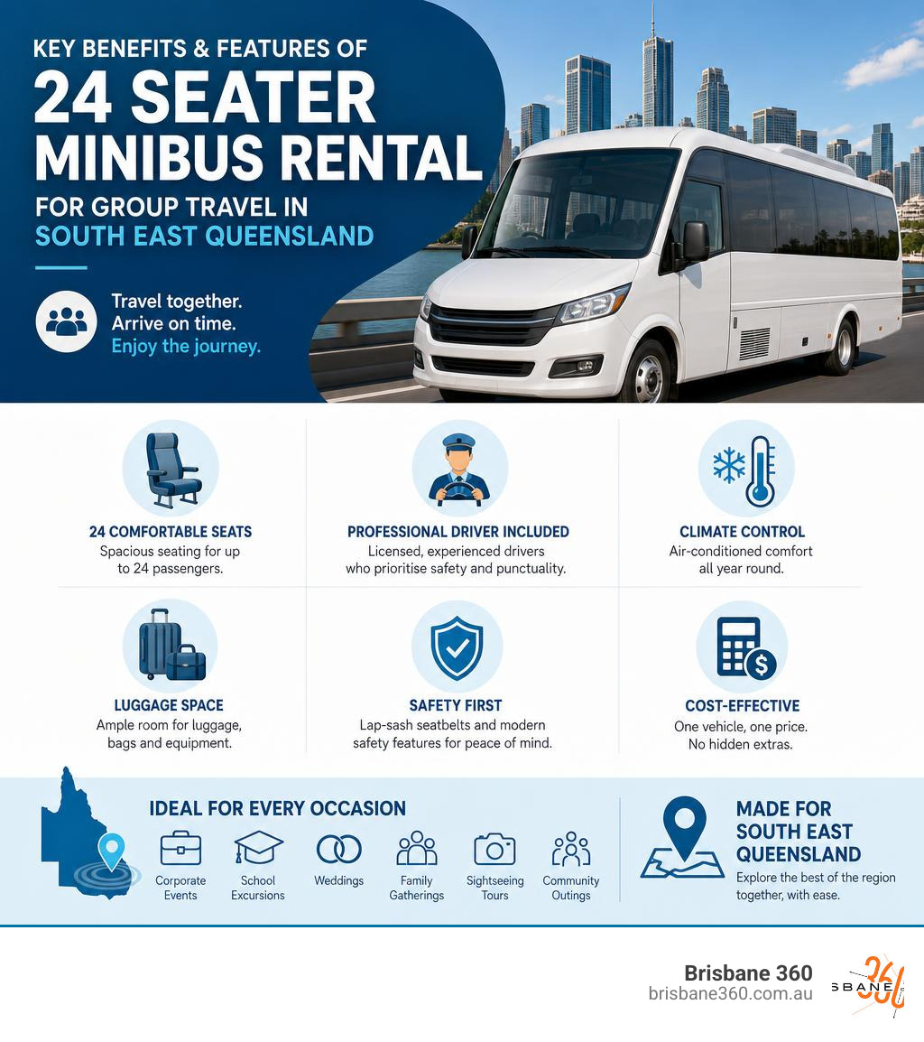 Key benefits and features of 24 seater minibus rental for group travel in South East Queensland infographic