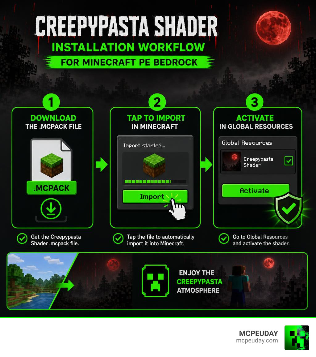 Creepypasta Shader installation workflow for Minecraft PE Bedrock infographic infographic