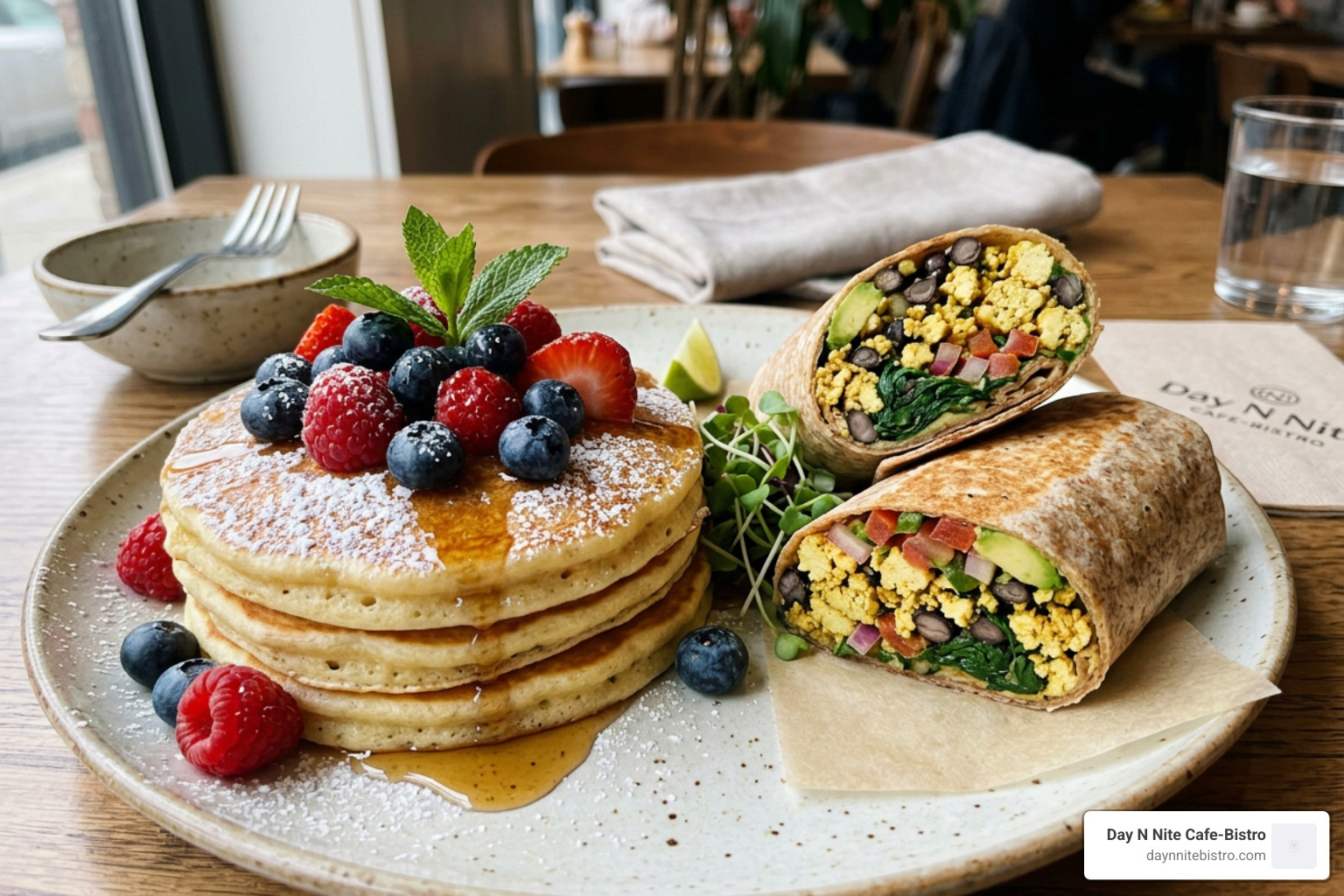 A stack of fluffy gluten-free pancakes topped with berries next to a savory vegan breakfast wrap