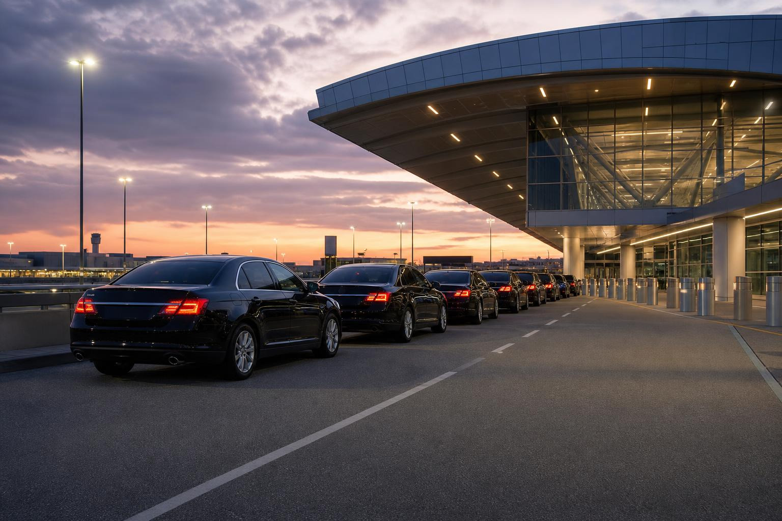 Modern airport taxi fleet lined up outside a terminal at dusk Modern airport taxi fleet lined up outside a terminal at dusk