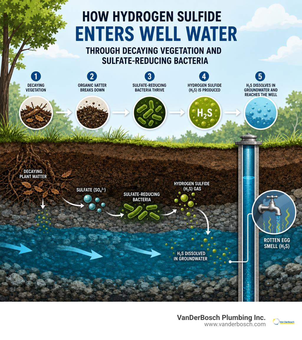 Infographic: How hydrogen sulfide enters well water aquifers through decaying vegetation and sulfate-reducing bacteria Infographic: How hydrogen sulfide enters well water aquifers through decaying vegetation and sulfate-reducing bacteria