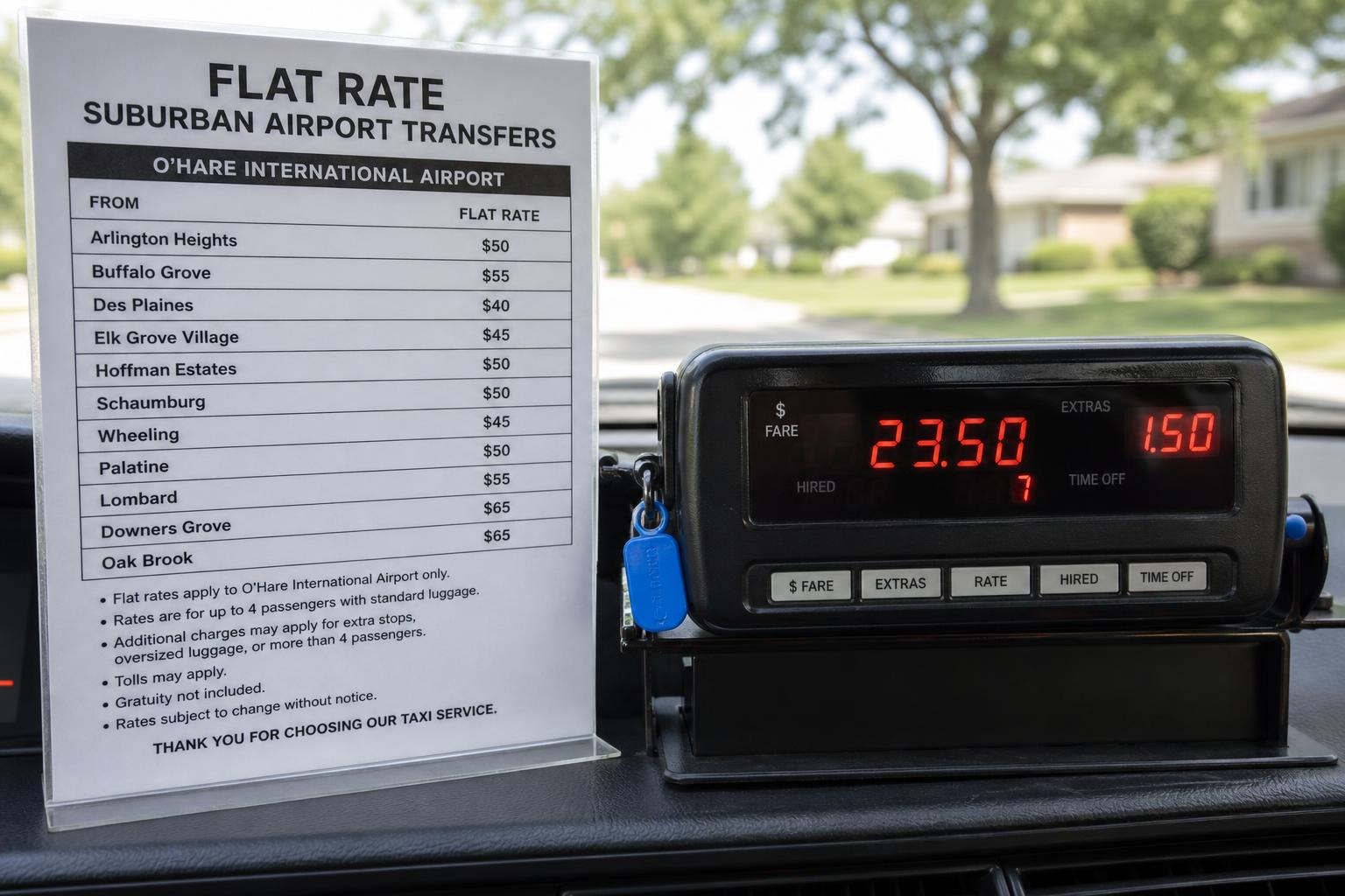 A taxi meter and flat-rate pricing sheet showing suburban flat rates A taxi meter and flat-rate pricing sheet showing suburban flat rates