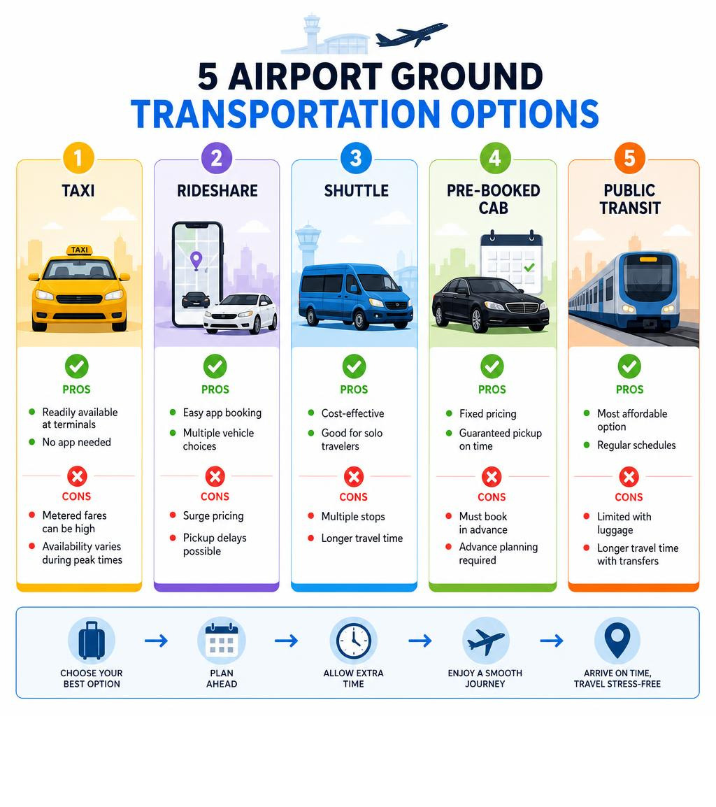 Infographic showing 5 airport ground transportation options - taxi, rideshare, shuttle, pre-booked cab, public transit Infographic showing 5 airport ground transportation options - taxi, rideshare, shuttle, pre-booked cab, public transit