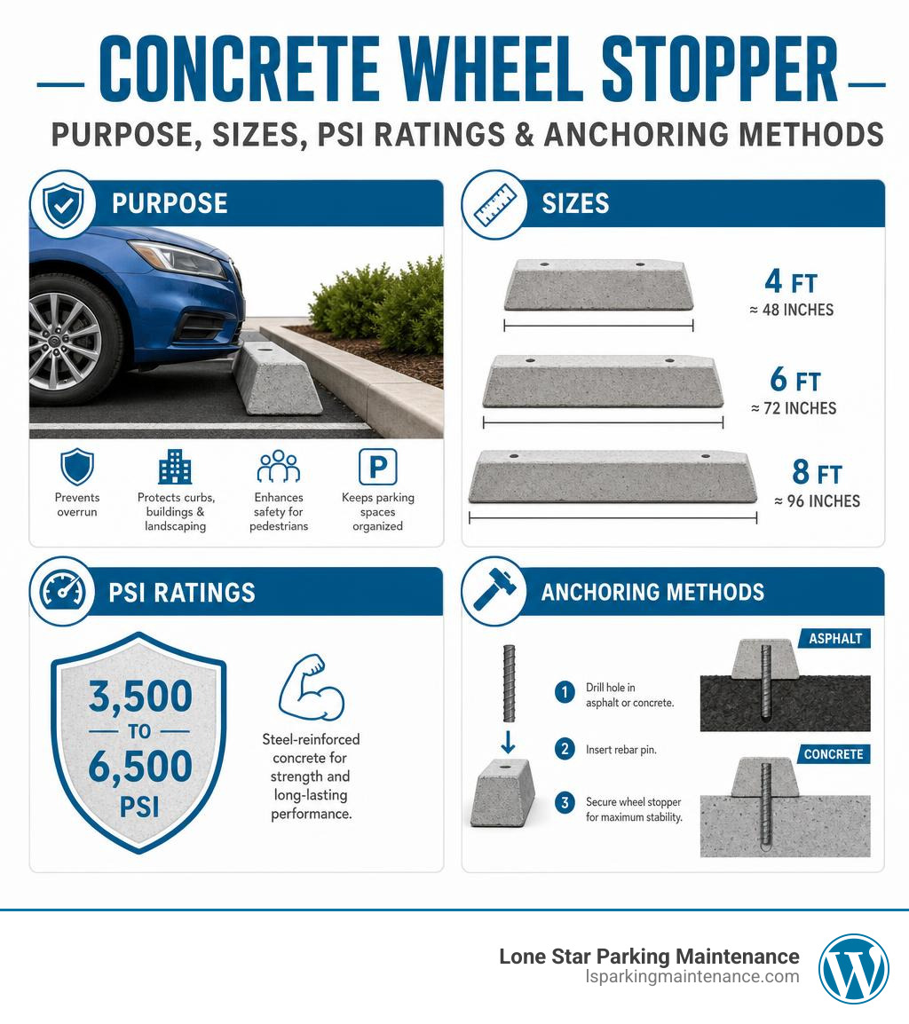 Infographic: concrete wheel stopper purpose, sizes, PSI ratings, and anchoring methods infographic Infographic: concrete wheel stopper purpose, sizes, PSI ratings, and anchoring methods infographic