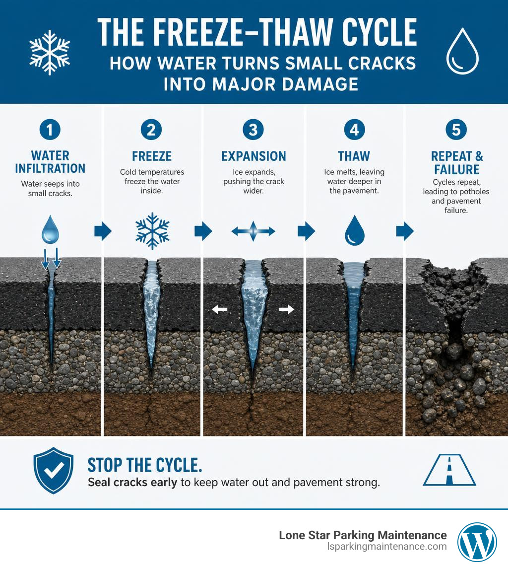 Infographic showing freeze-thaw cycle and water infiltration in asphalt cracks leading to pavement failure infographic Infographic showing freeze-thaw cycle and water infiltration in asphalt cracks leading to pavement failure infographic
