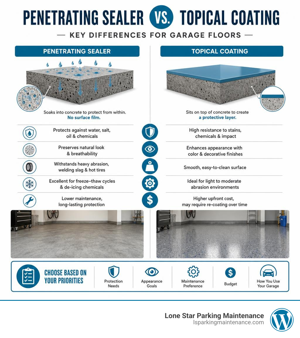 Penetrating sealer vs topical coating for garage floors — key differences infographic infographic Penetrating sealer vs topical coating for garage floors — key differences infographic infographic