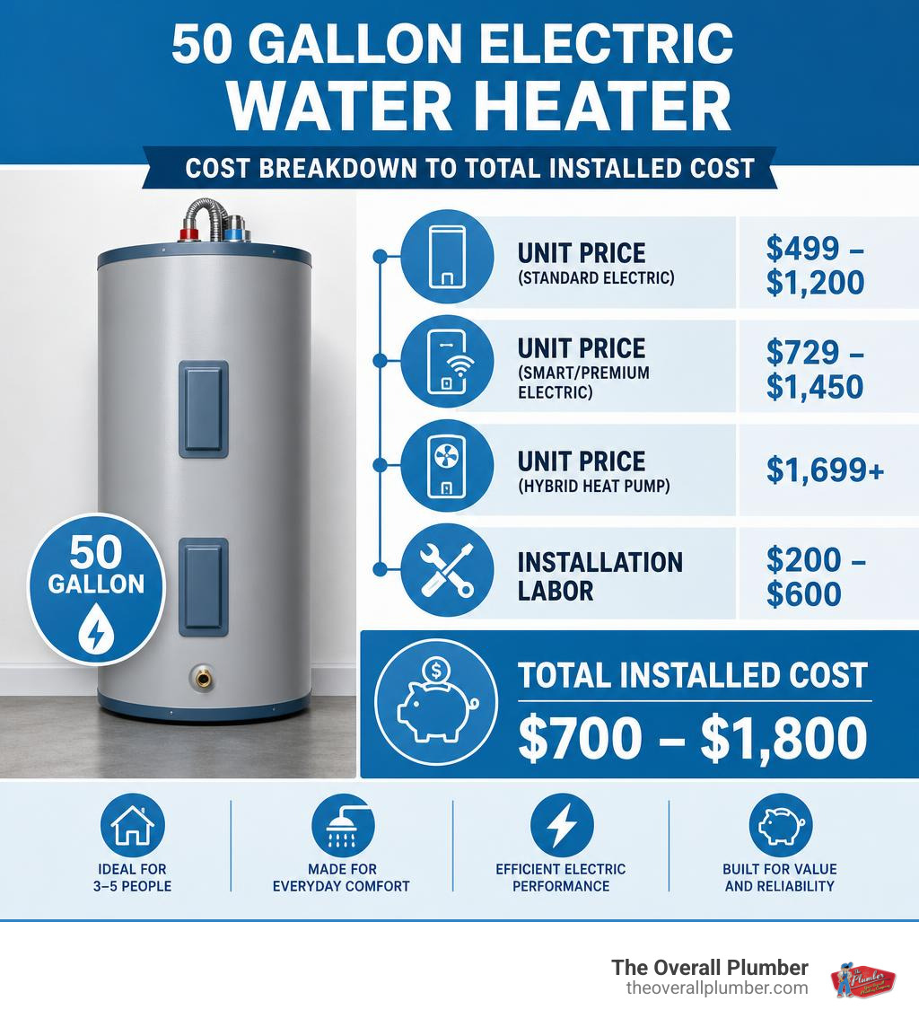 Infographic showing cost breakdown of a 50 gallon electric water heater from unit price to total installed cost infographic Infographic showing cost breakdown of a 50 gallon electric water heater from unit price to total installed cost infographic