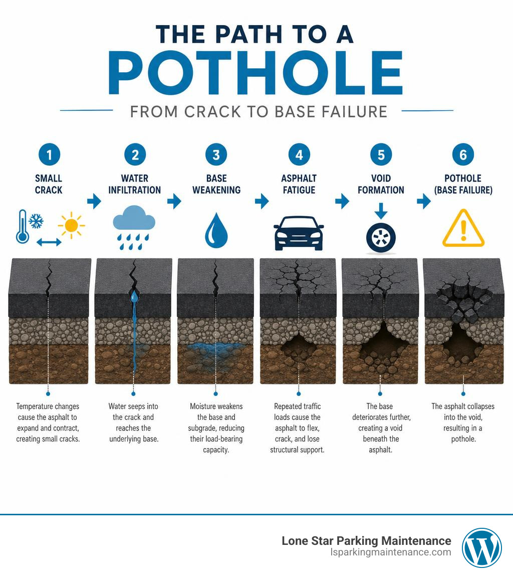 Infographic showing the step-by-step formation of a pothole from crack to base failure infographic Infographic showing the step-by-step formation of a pothole from crack to base failure infographic