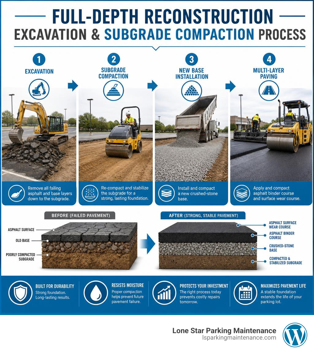 Infographic showing the excavation and subgrade compaction process for full-depth reconstruction infographic Infographic showing the excavation and subgrade compaction process for full-depth reconstruction infographic