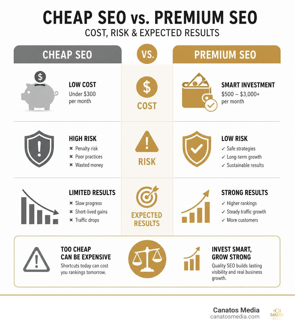 infographic comparing cheap vs premium SEO tiers cost risk and expected results infographic infographic comparing cheap vs premium SEO tiers cost risk and expected results infographic