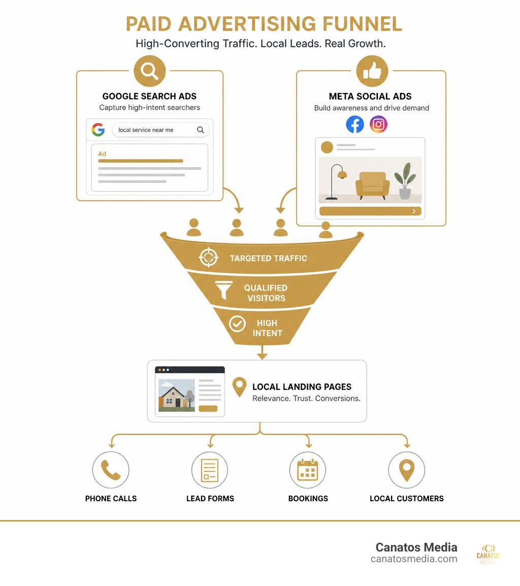 Paid advertising funnel showing Google Search Ads and Meta Social Ads driving high-converting traffic to local landing pages Paid advertising funnel showing Google Search Ads and Meta Social Ads driving high-converting traffic to local landing pages