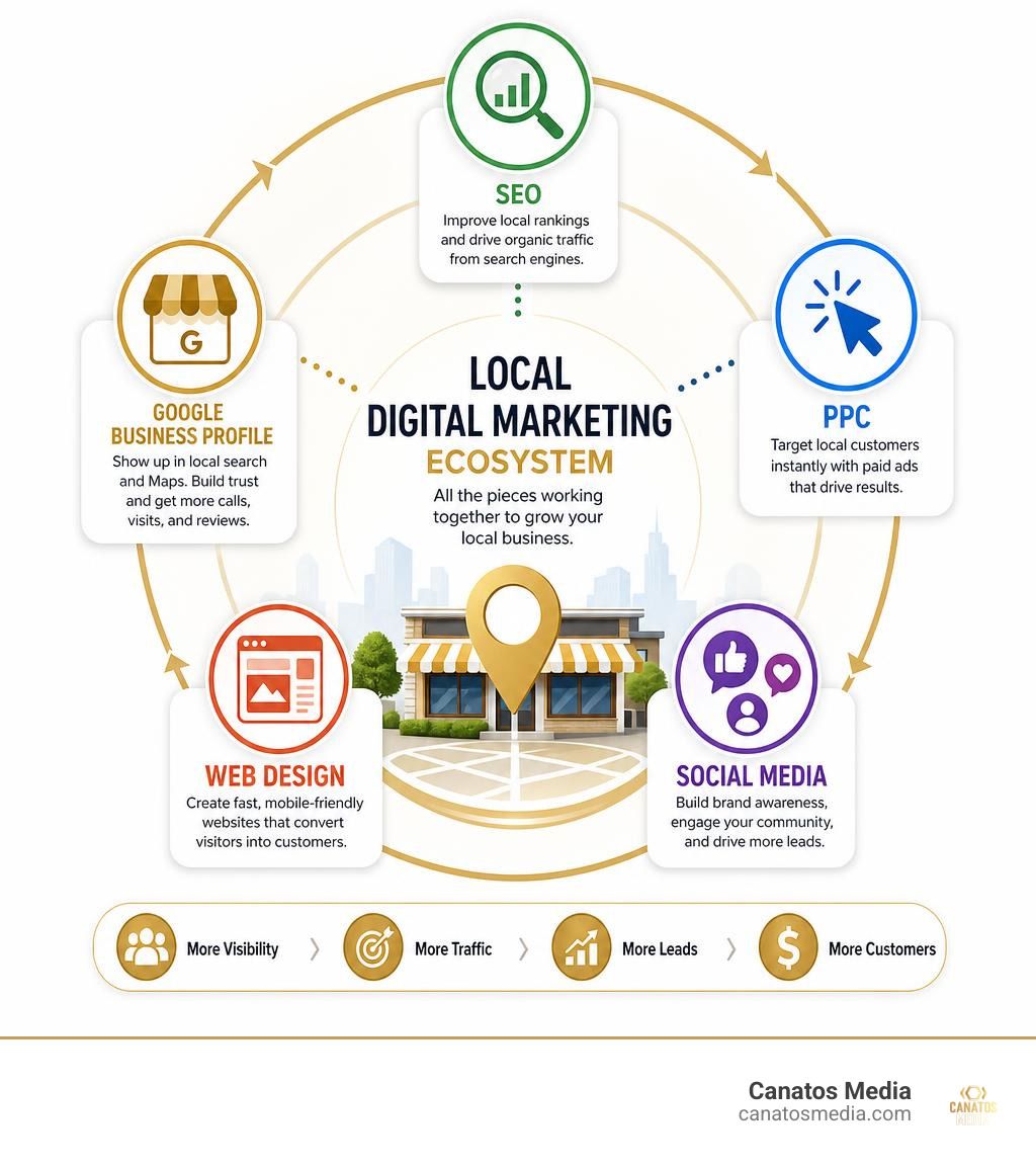 Local digital marketing ecosystem showing SEO, PPC, social media, web design, and Google Business Profile infographic Local digital marketing ecosystem showing SEO, PPC, social media, web design, and Google Business Profile infographic