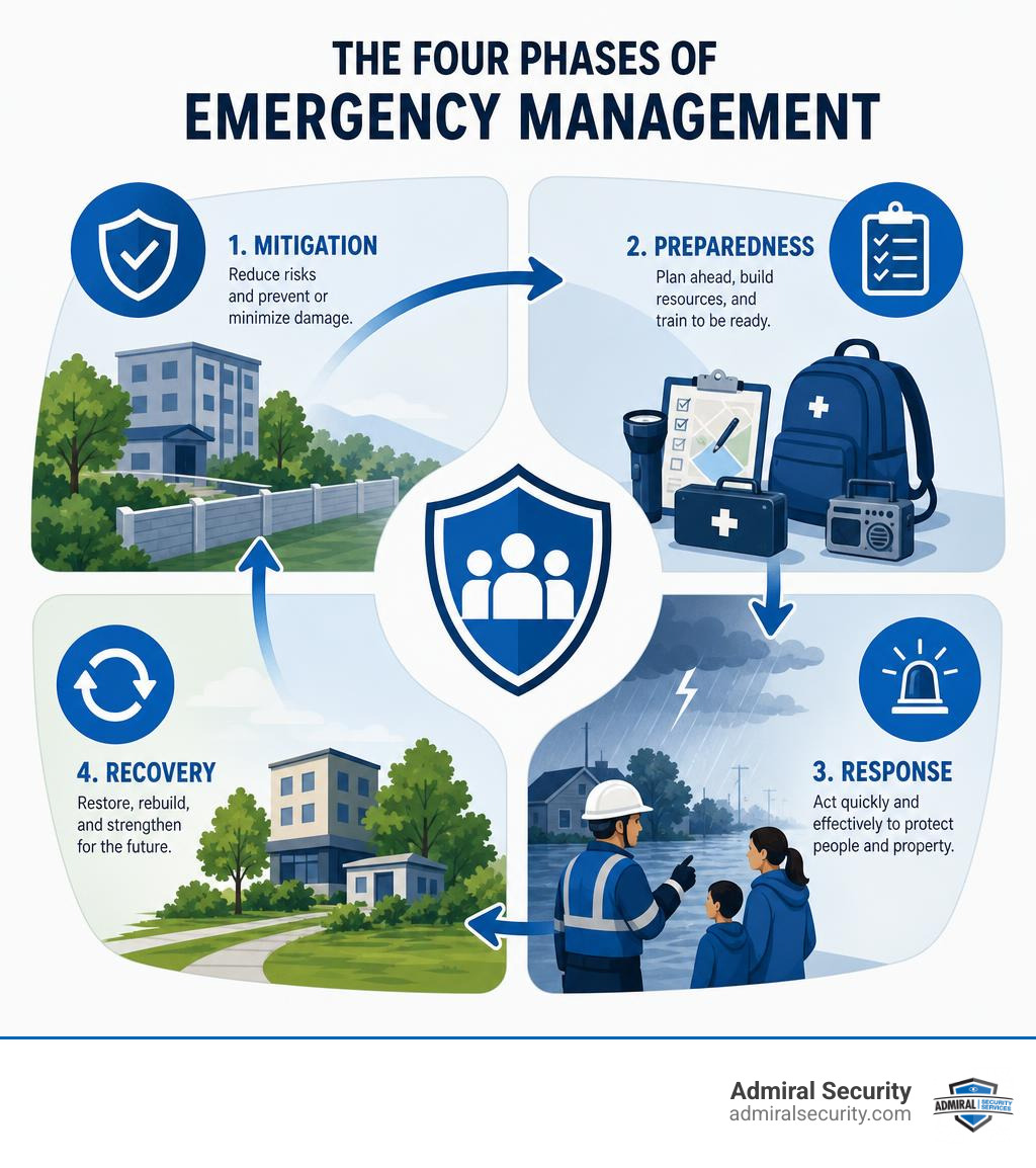 Four phases of emergency management: mitigation, preparedness, response, recovery infographic infographic