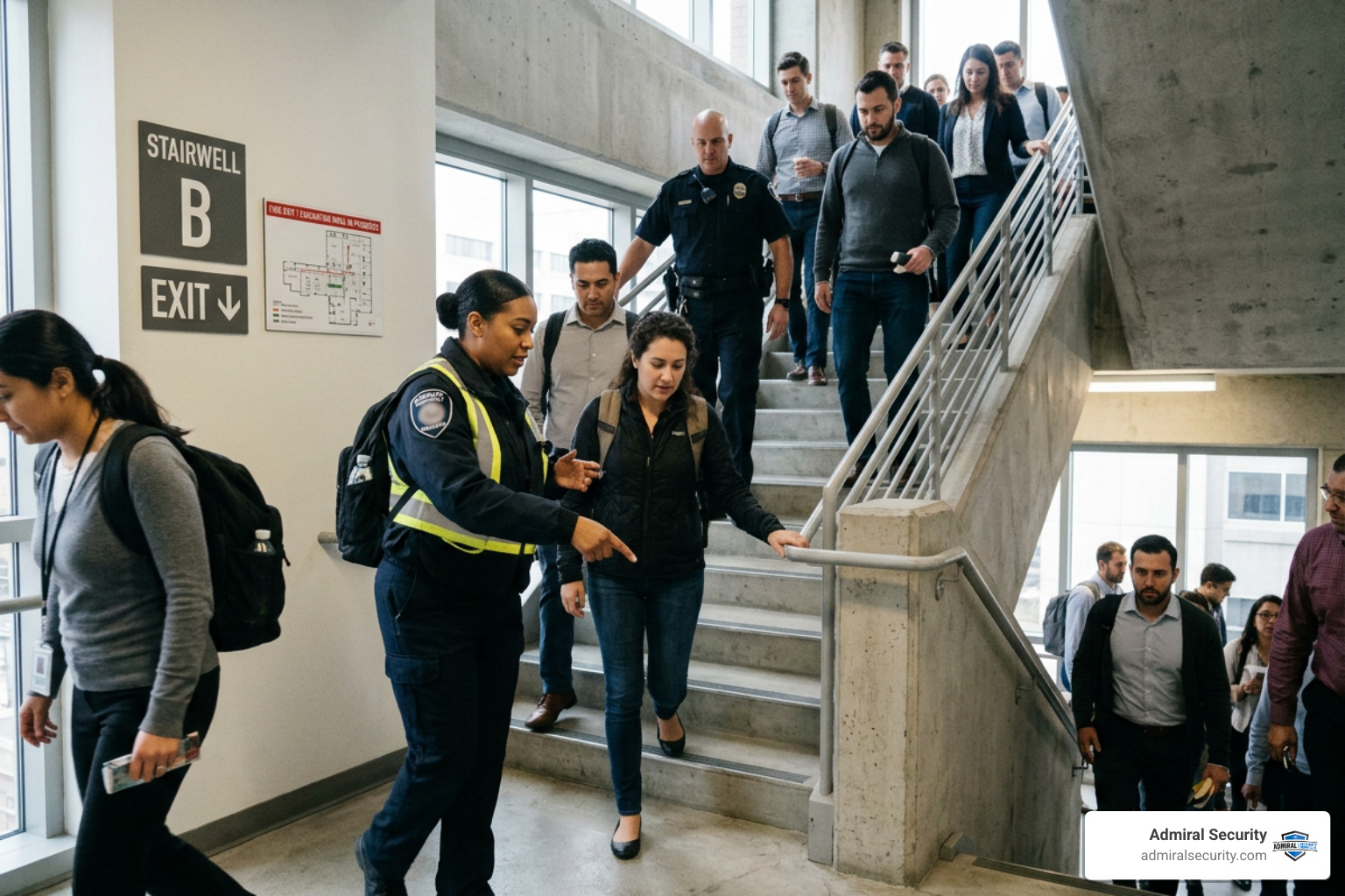 A building evacuation drill in progress showing security personnel with blurred uniform badges