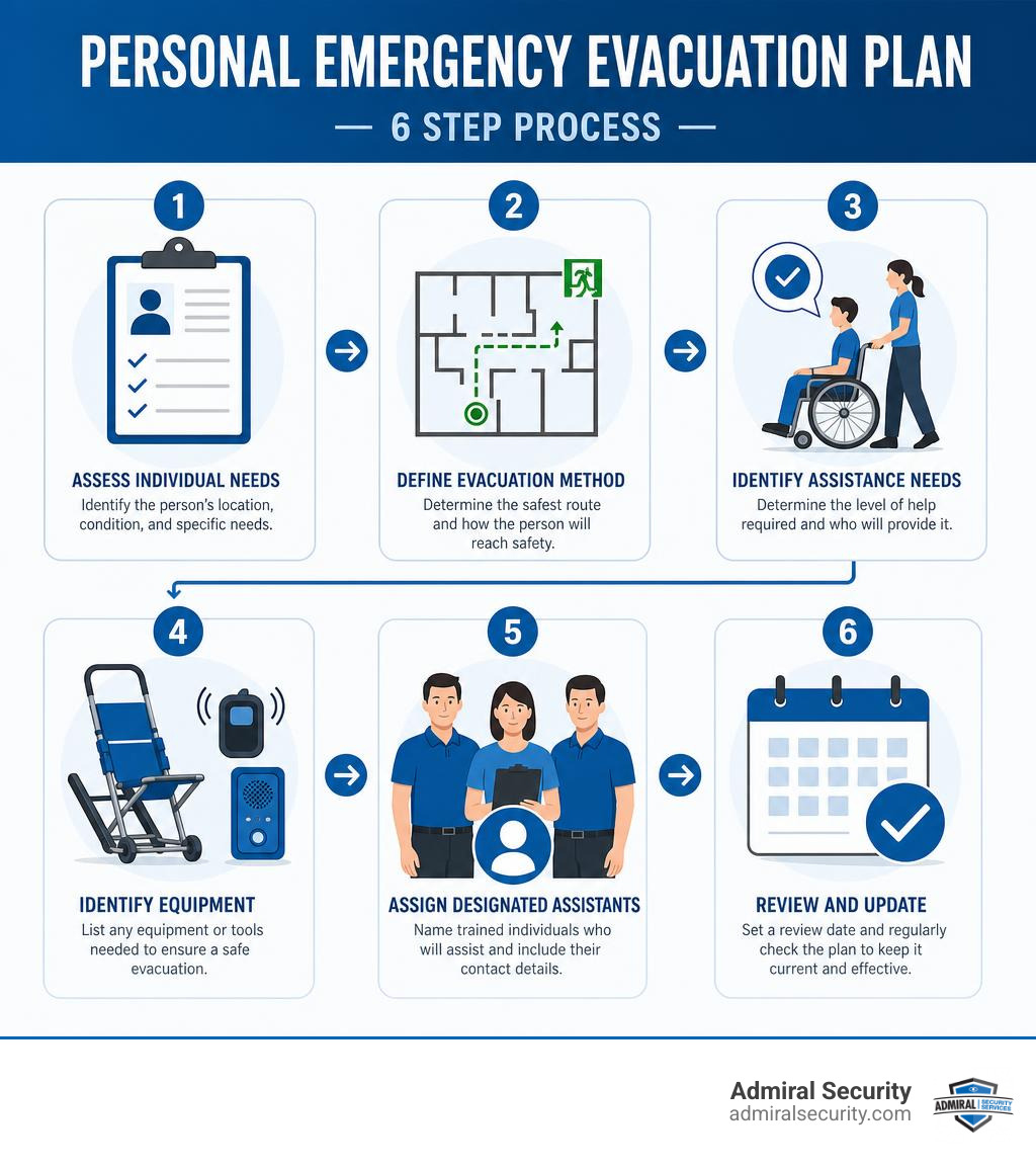 Step-by-step personal emergency evacuation plan process infographic showing 6 stages infographic
