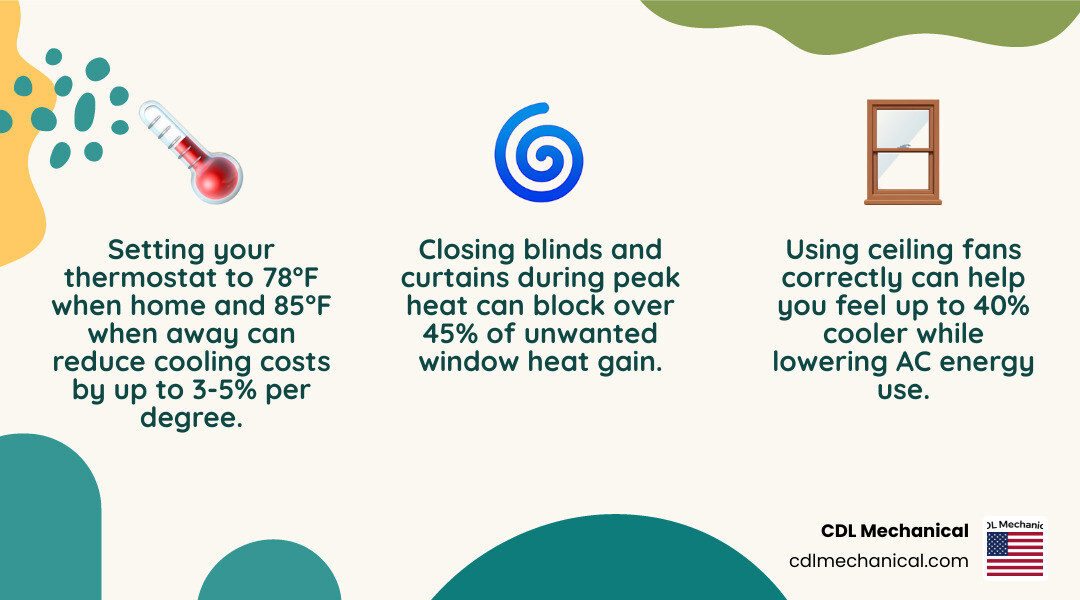 Infographic showing top summer energy-saving tips for homeowners including thermostat settings, filter changes, ceiling