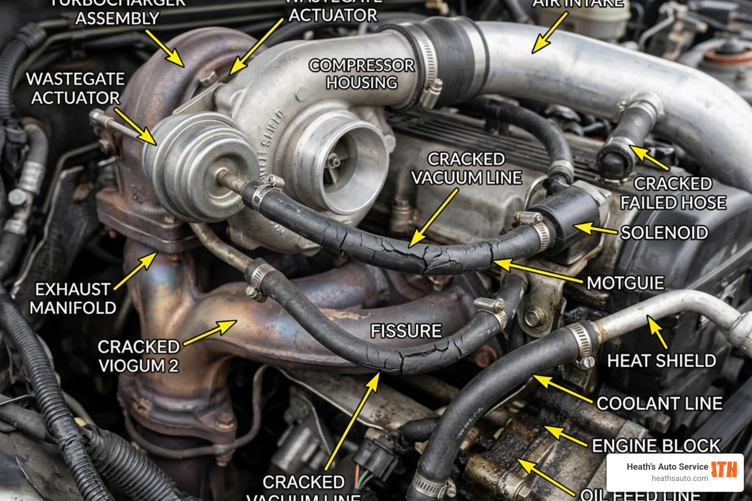 Diagram of cracked vacuum lines near a turbocharger assembly Diagram of cracked vacuum lines near a turbocharger assembly