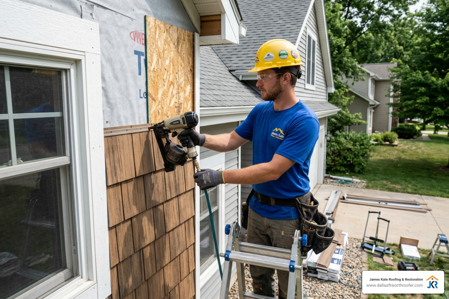 James Kate crew member in a royal blue shirt installing composite cedar shake siding on a home James Kate crew member in a royal blue shirt installing composite cedar shake siding on a home