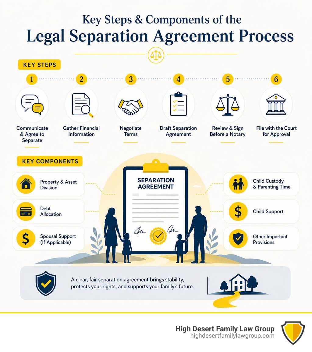 Key steps and components of the legal separation agreement process infographic Key steps and components of the legal separation agreement process infographic