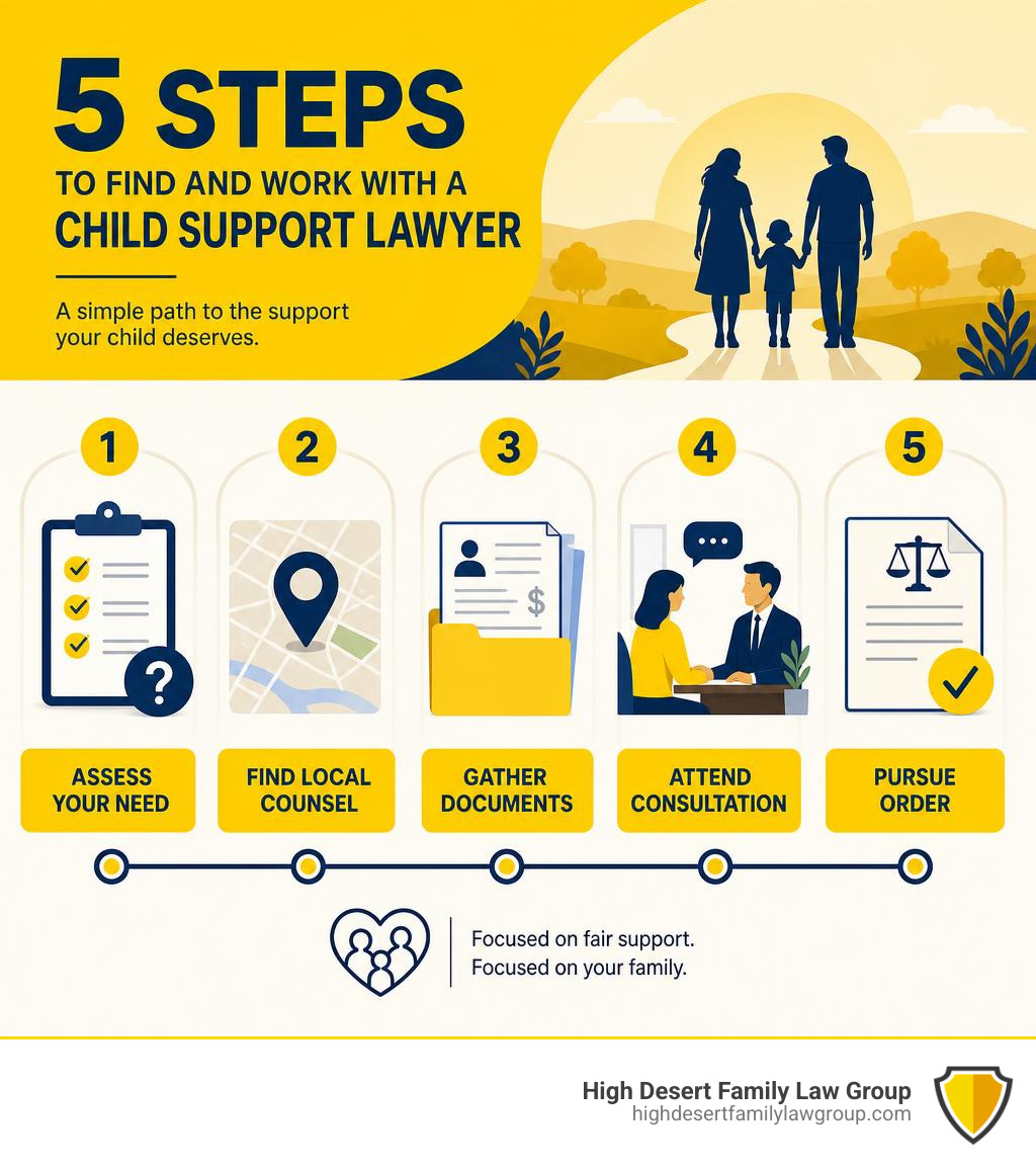 Infographic showing steps to find and work with a child support lawyer: assess your need, find local counsel, gather
