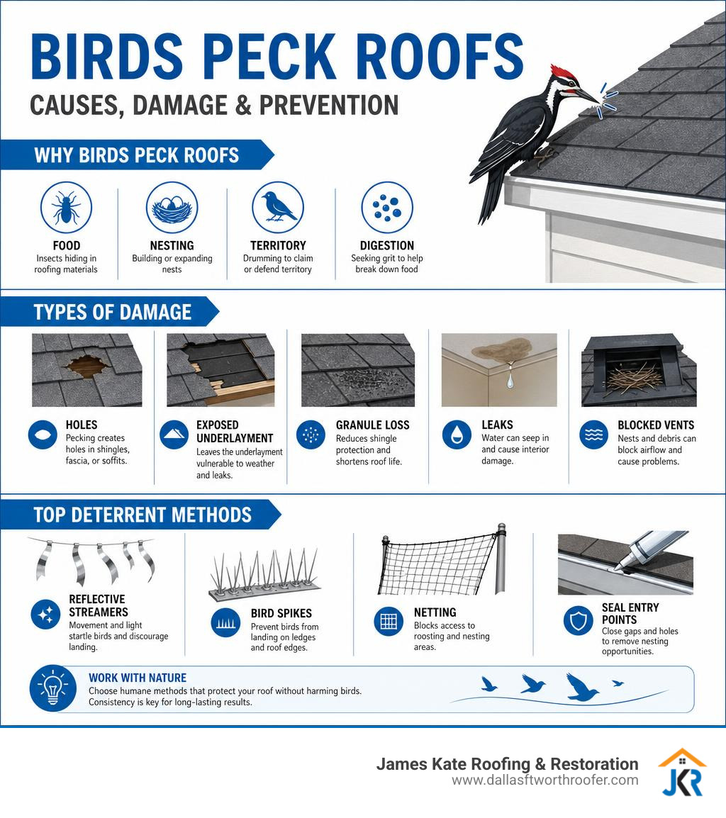 infographic showing why birds peck roofs, types of damage, and top deterrent methods infographic infographic showing why birds peck roofs, types of damage, and top deterrent methods infographic