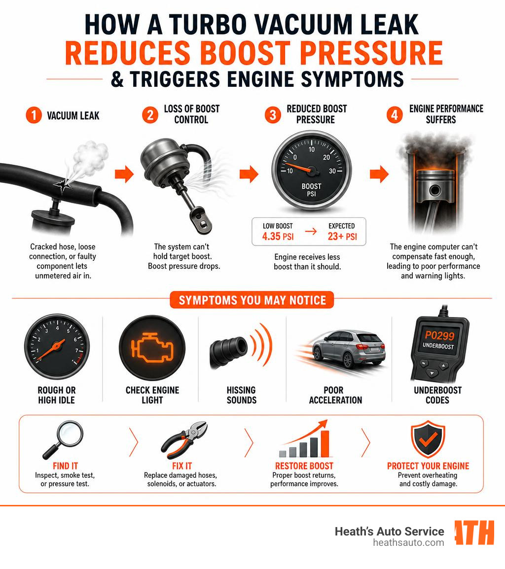 Infographic showing how a turbo vacuum leak reduces boost pressure and triggers engine symptoms infographic Infographic showing how a turbo vacuum leak reduces boost pressure and triggers engine symptoms infographic