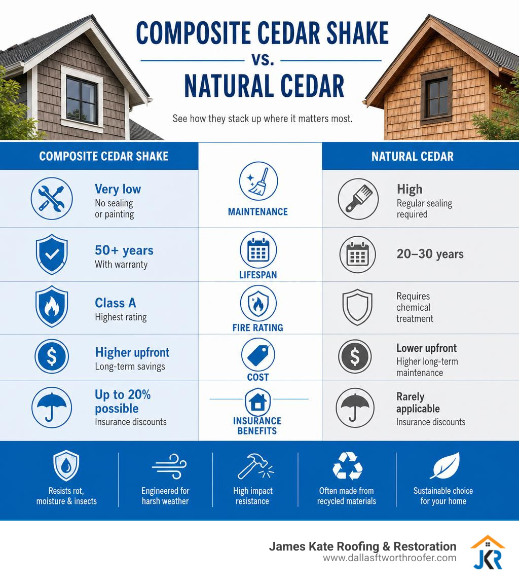 Infographic comparing composite cedar shake siding vs natural cedar: maintenance, lifespan, fire rating, cost, and insurance Infographic comparing composite cedar shake siding vs natural cedar: maintenance, lifespan, fire rating, cost, and insurance