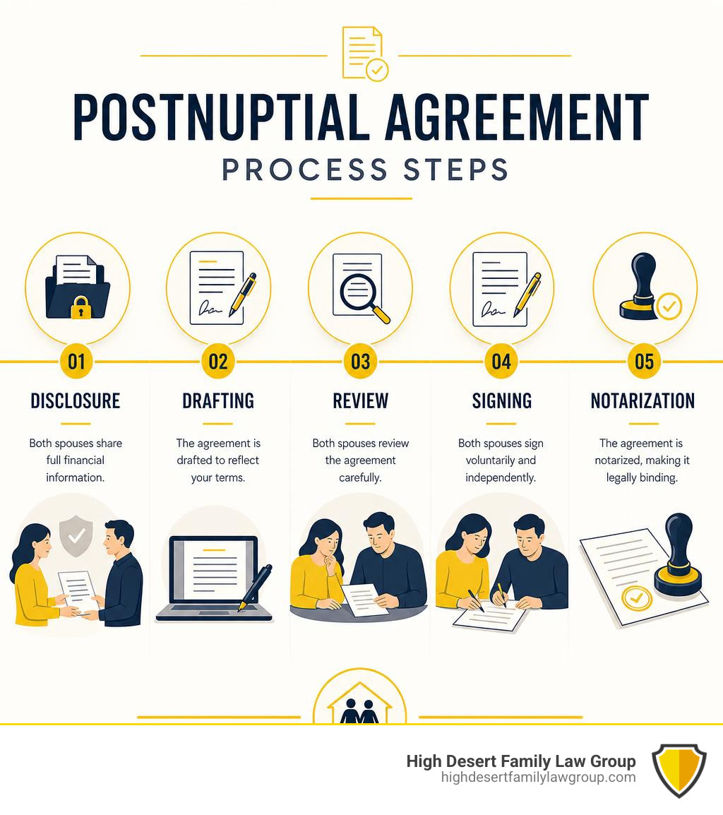 Postnuptial agreement process steps: disclosure, drafting, review, signing, notarization infographic Postnuptial agreement process steps: disclosure, drafting, review, signing, notarization infographic