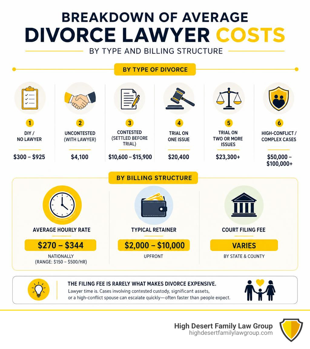 Breakdown of average divorce lawyer costs by type and billing structure infographic