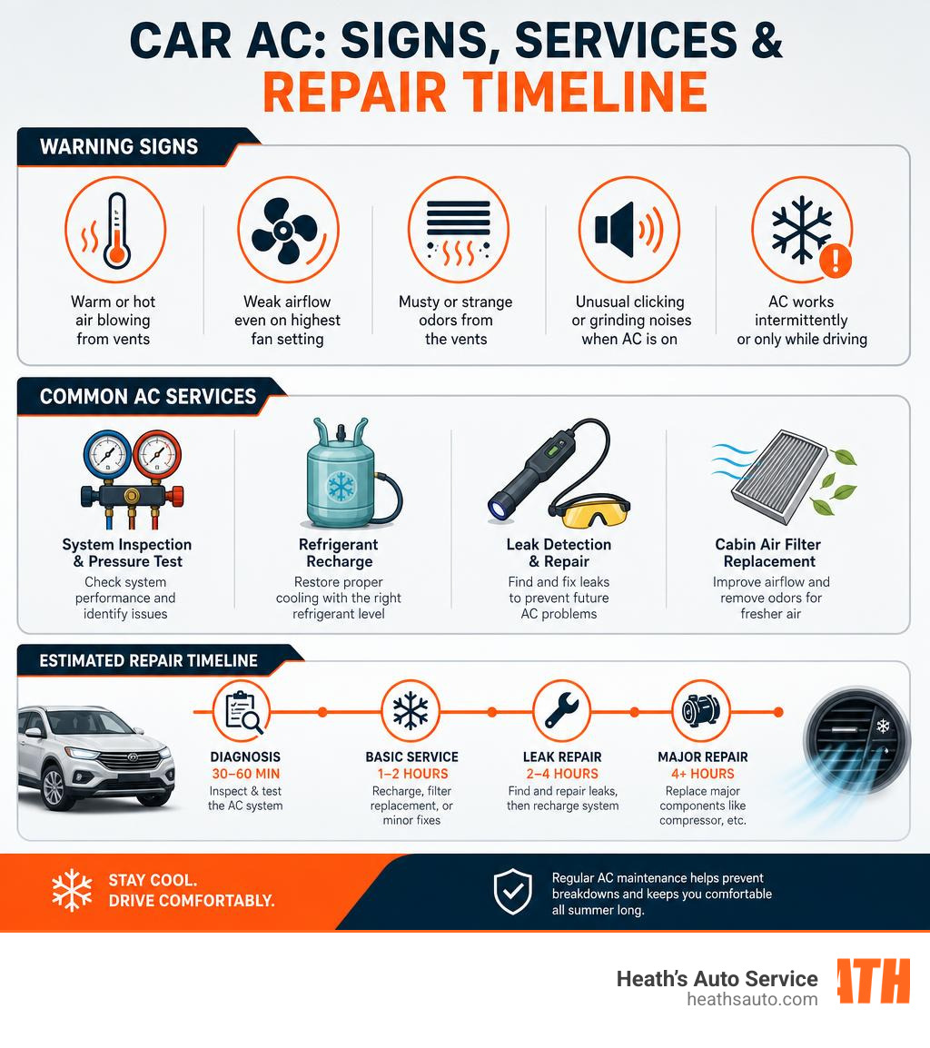 Infographic showing car AC warning signs, service types, and estimated repair timeline infographic Infographic showing car AC warning signs, service types, and estimated repair timeline infographic