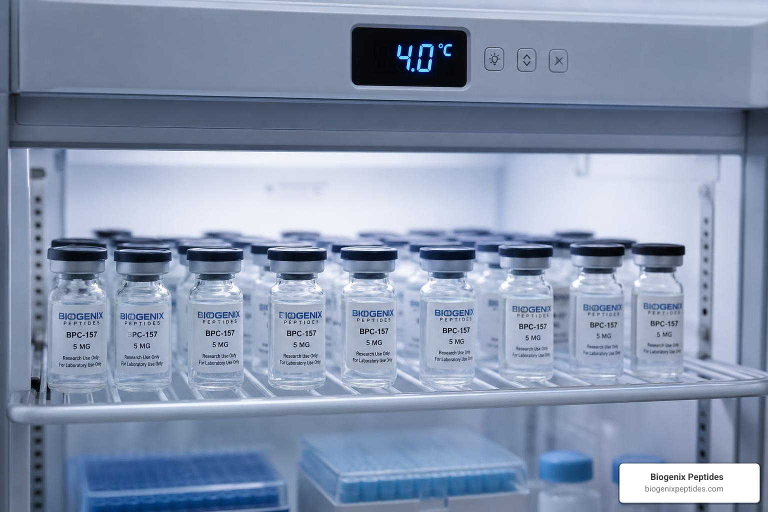 Proper storage and handling of reconstituted sermorelin peptide vials in a laboratory refrigerator