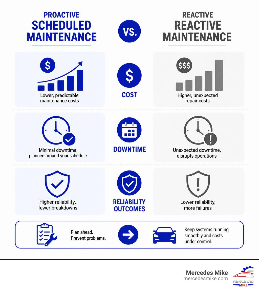 Infographic comparing proactive scheduled maintenance vs reactive maintenance: cost, downtime, and reliability outcomes Infographic comparing proactive scheduled maintenance vs reactive maintenance: cost, downtime, and reliability outcomes