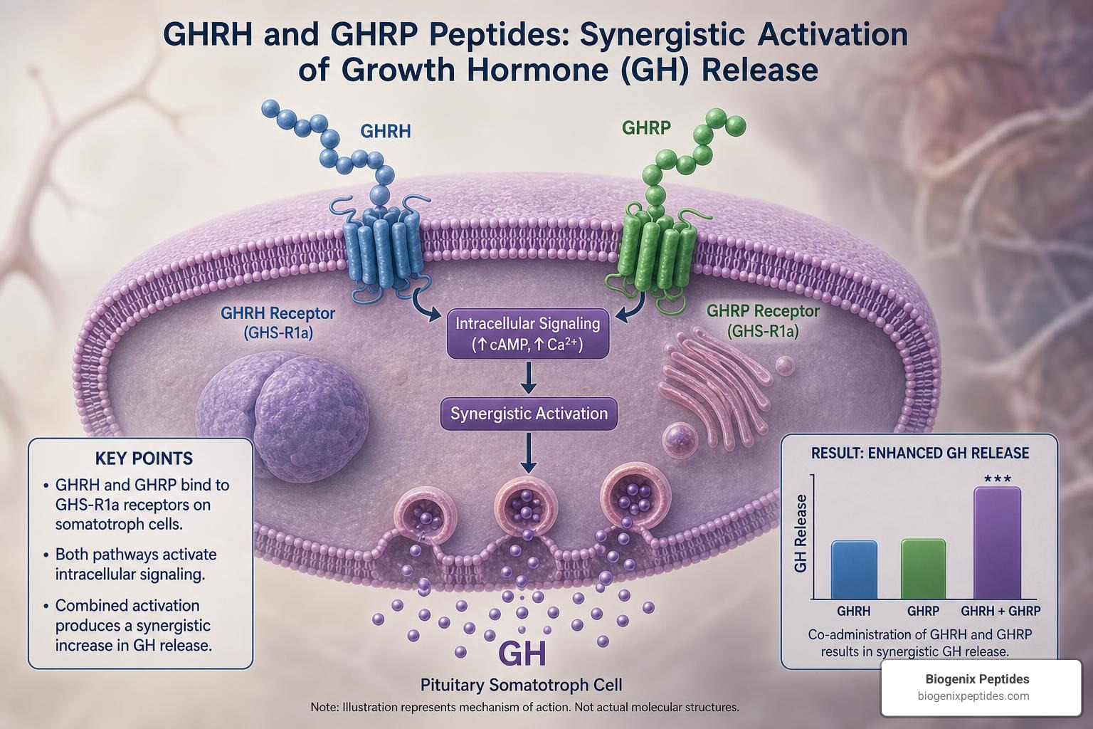 Diagram showing the synergy of GHRH and GHRP secretagogues on the somatotroph