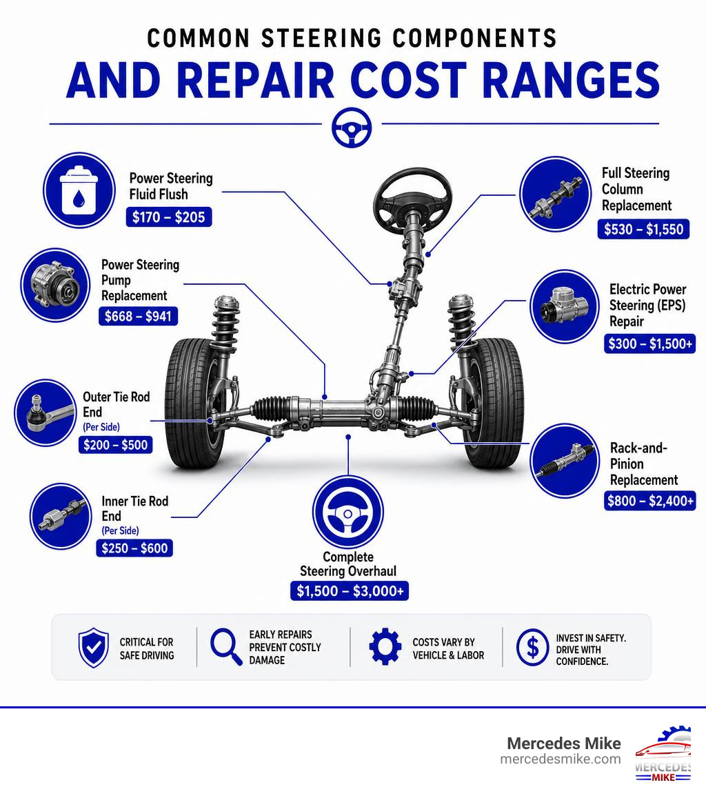 Infographic showing common steering components and their repair cost ranges infographic Infographic showing common steering components and their repair cost ranges infographic