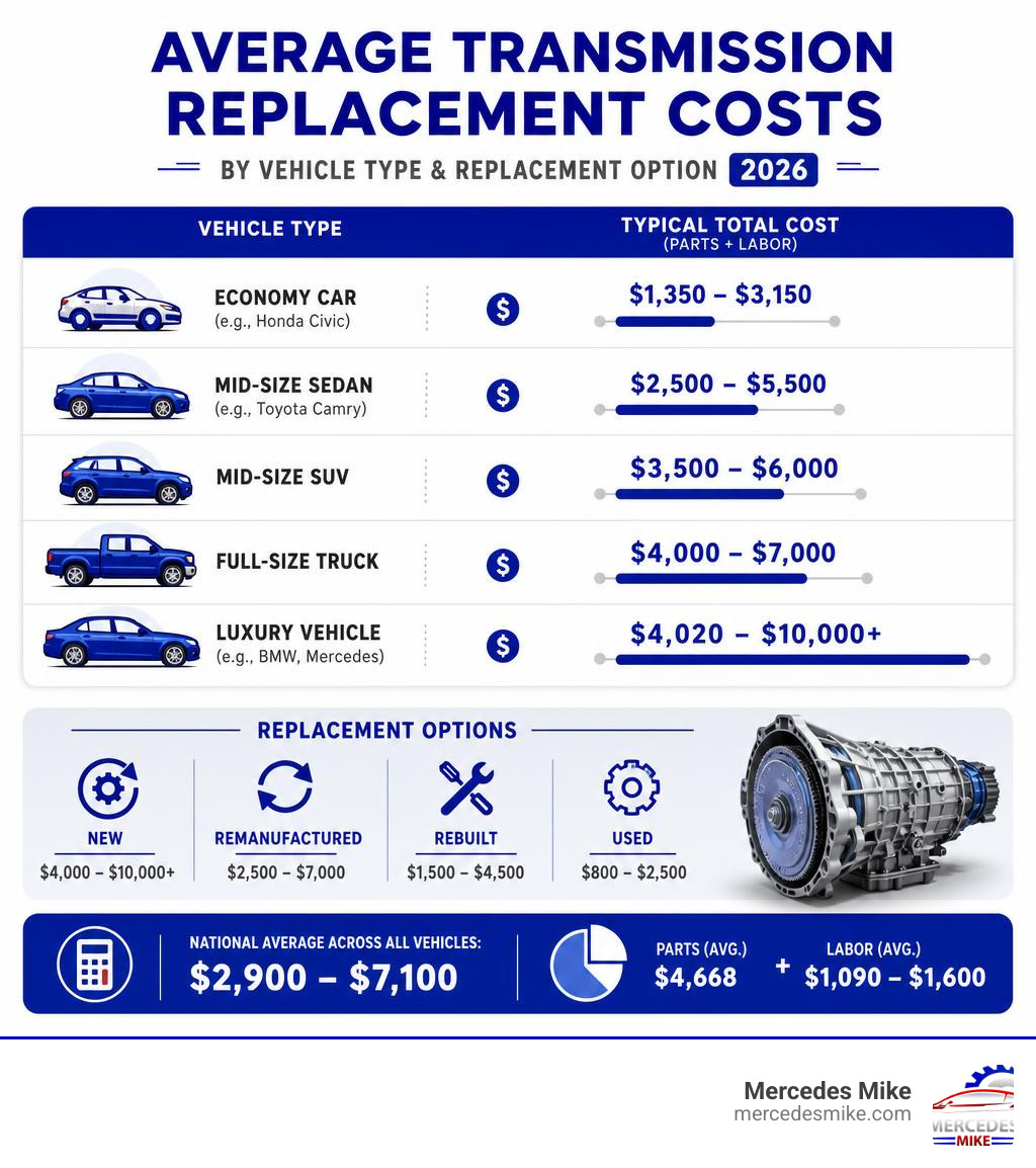 Infographic showing average transmission replacement costs by vehicle type and replacement option in 2026 infographic