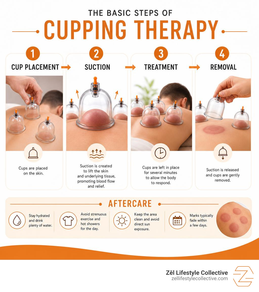 Infographic showing basic steps of cupping therapy from cup placement to suction to removal and aftercare infographic Infographic showing basic steps of cupping therapy from cup placement to suction to removal and aftercare infographic