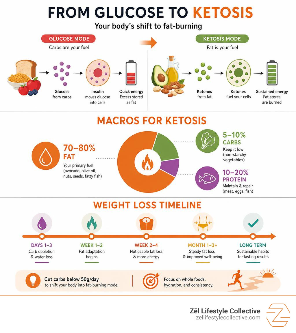 Infographic showing the metabolic shift from glucose to ketosis with macros and weight loss timeline infographic Infographic showing the metabolic shift from glucose to ketosis with macros and weight loss timeline infographic