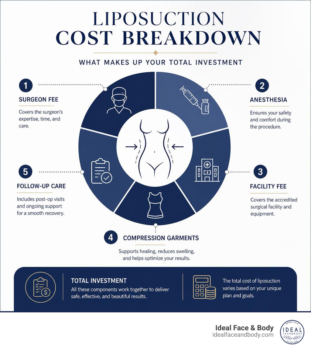 infographic showing liposuction cost breakdown including surgeon fee, anesthesia, facility, garments, and follow-up care infographic showing liposuction cost breakdown including surgeon fee, anesthesia, facility, garments, and follow-up care