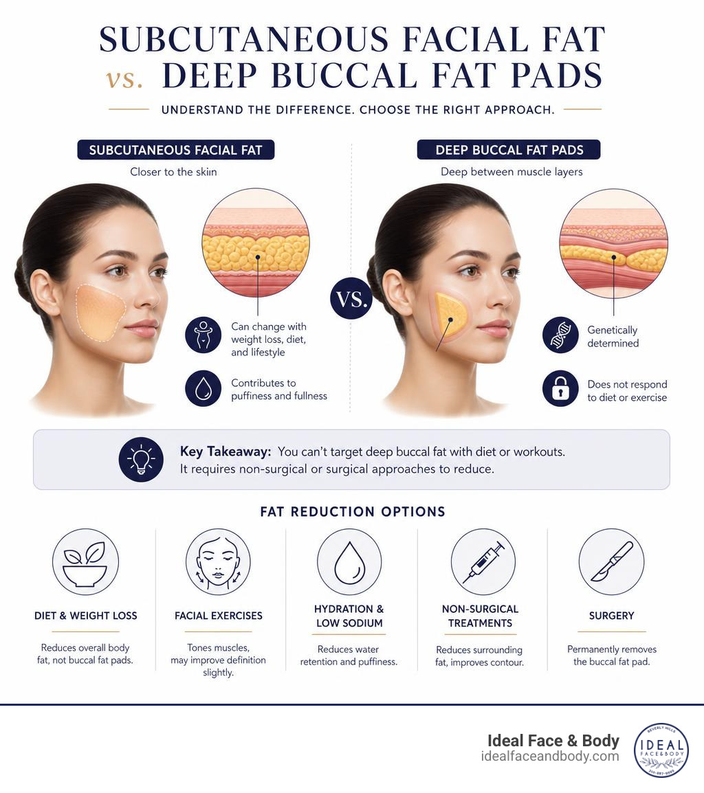 Infographic comparing subcutaneous facial fat vs. deep buccal fat pads and reduction options infographic Infographic comparing subcutaneous facial fat vs. deep buccal fat pads and reduction options infographic