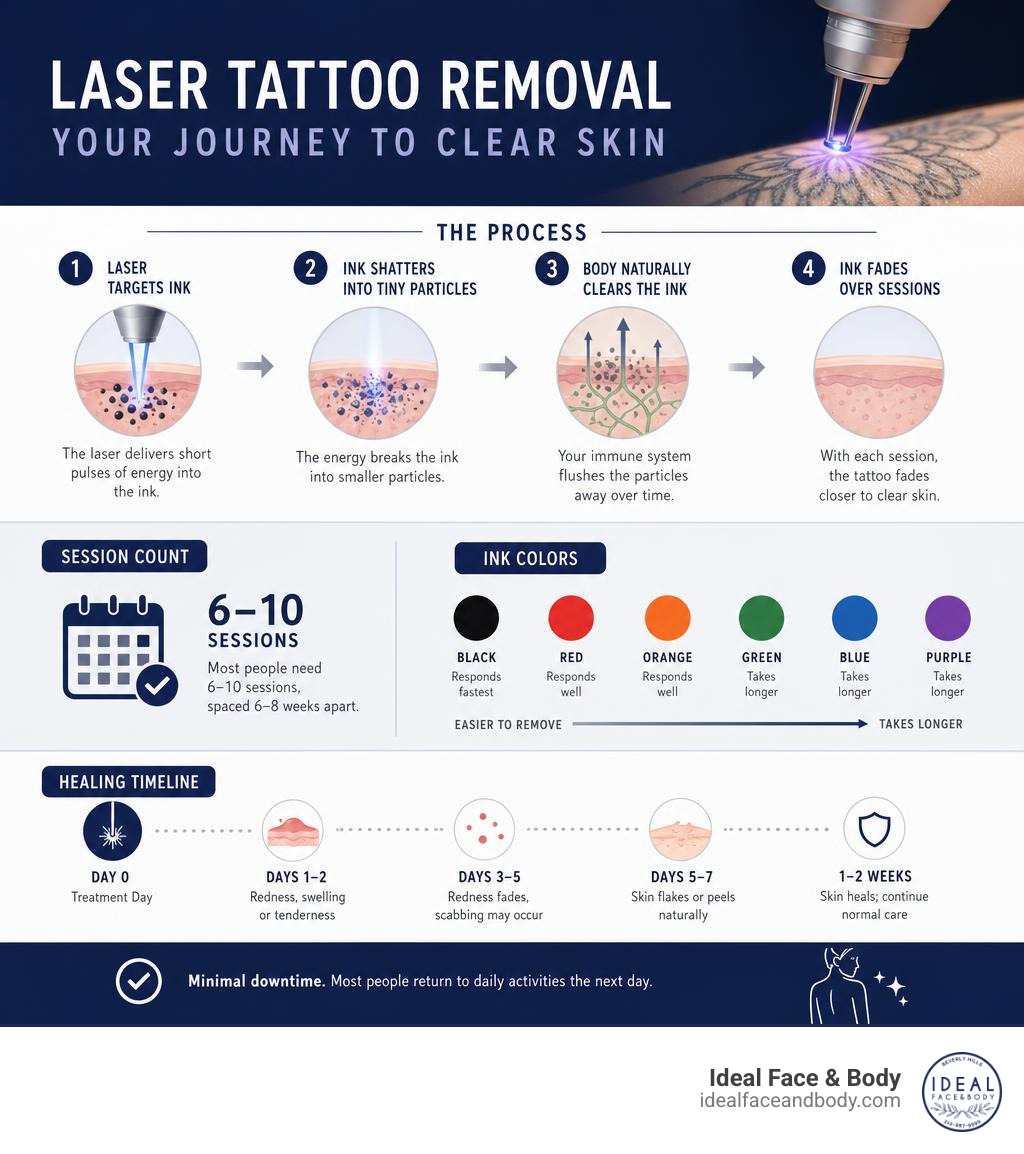 Infographic showing laser tattoo removal process steps, session count, ink colors, and healing timeline infographic Infographic showing laser tattoo removal process steps, session count, ink colors, and healing timeline infographic