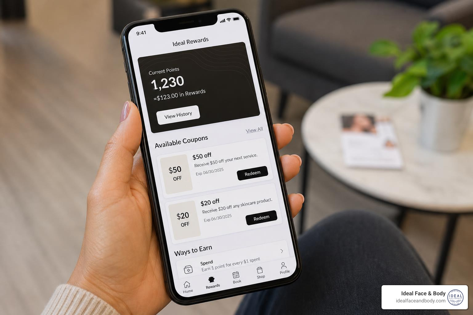 Smartphone app showing ASPIRE rewards points balance and available coupons Smartphone app showing ASPIRE rewards points balance and available coupons