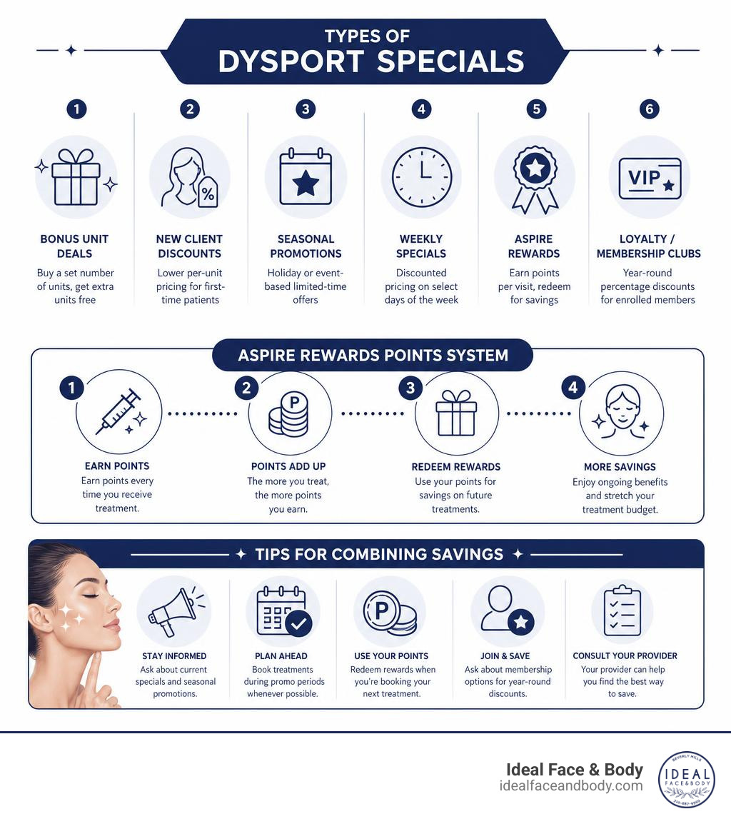 Infographic showing types of Dysport specials, ASPIRE rewards points system, and tips for combining savings infographic Infographic showing types of Dysport specials, ASPIRE rewards points system, and tips for combining savings infographic