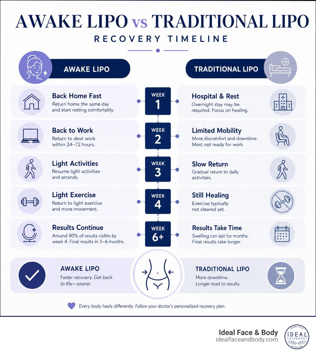 Awake lipo vs traditional lipo recovery timeline infographic week by week milestones infographic Awake lipo vs traditional lipo recovery timeline infographic week by week milestones infographic