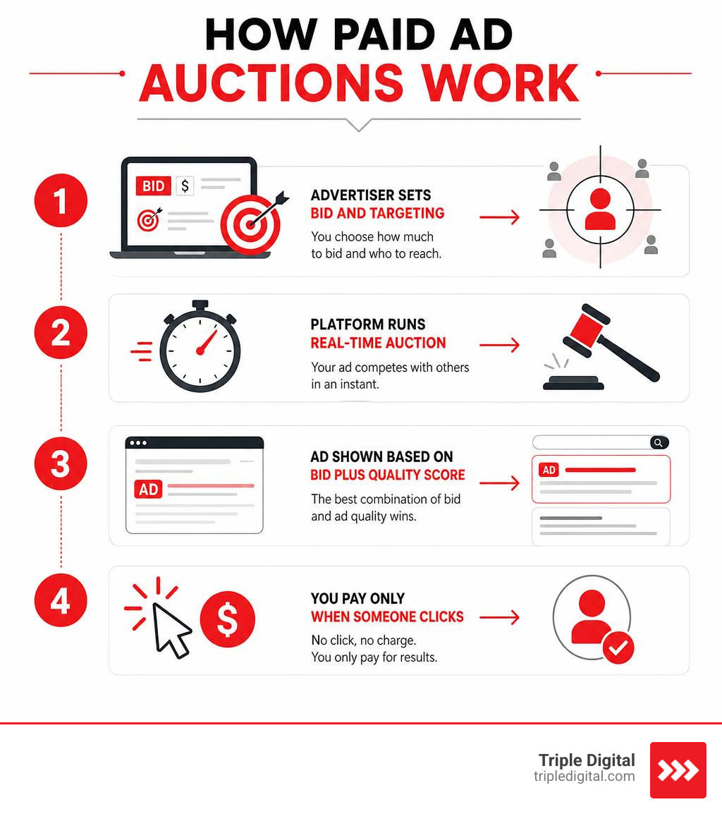 Infographic showing how paid ad auctions work: advertiser sets bid and targeting, platform runs real-time auction, ad shown Infographic showing how paid ad auctions work: advertiser sets bid and targeting, platform runs real-time auction, ad shown